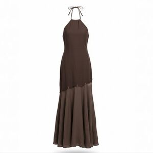 Stephanie Brown Brown Linen Maxi Dress Halter Backless Mermaid Resort Coastal 6